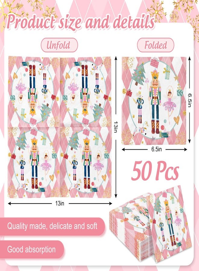 JarThenaAMCS 50Pcs Christmas Paper Napkins Pink Diamond Nutcracker Disposable Luncheon Napkin Sweet Cute Dessert Dinner Hand Napkin for Birthday Baby Shower Wedding - Image 2